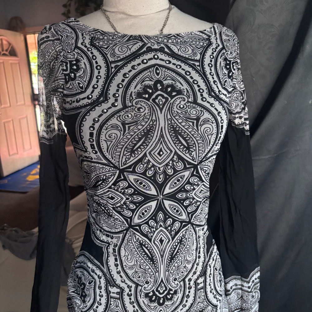 Vtg International Concepts Black White Paisley Studded Mesh Long Sleeve Top M